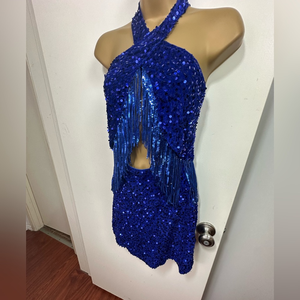 Lulus Royal Blue Elevated Dazzle Velvet Sequin Fringe Halter Mini Dress NWT L - Picture 7 of 16